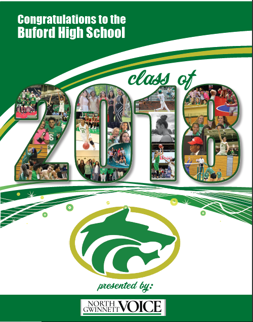 A bulletin board celebrating Buford High School's graduating class of 2018, with images of students participating in sports, academics, and school activities. It includes the school's mascot logo and is presented by North Gwinnett Voice.