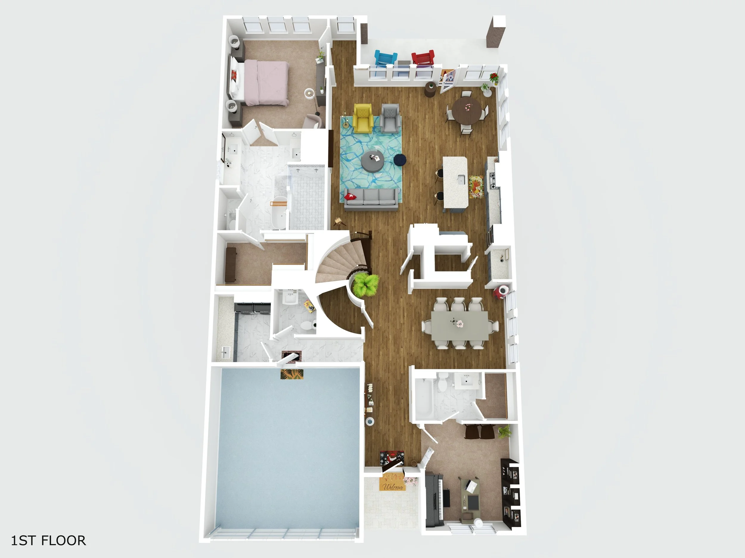 A 3D floor plan of a house's first floor with a garage, entryway, living room, dining area, kitchen, bedrooms, bathrooms, and a small office or study.