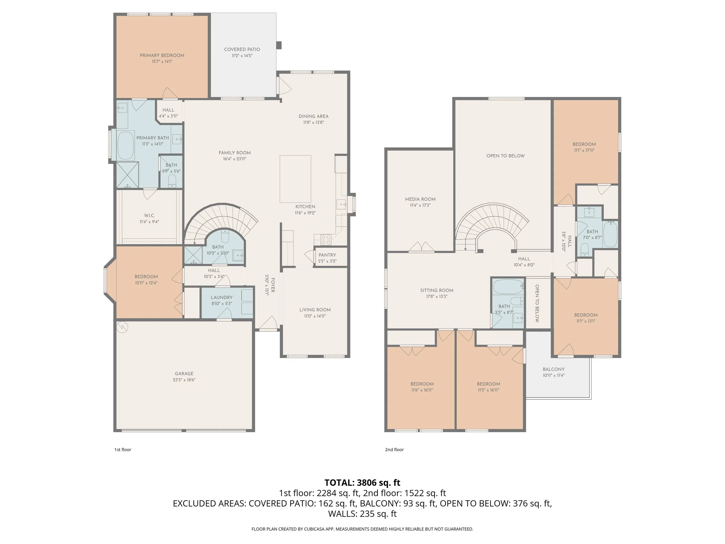 Floor plan of a house with labeled rooms, including living areas, bedrooms, bathrooms, kitchen, garage, and outdoor spaces, with measurements and total square footage.