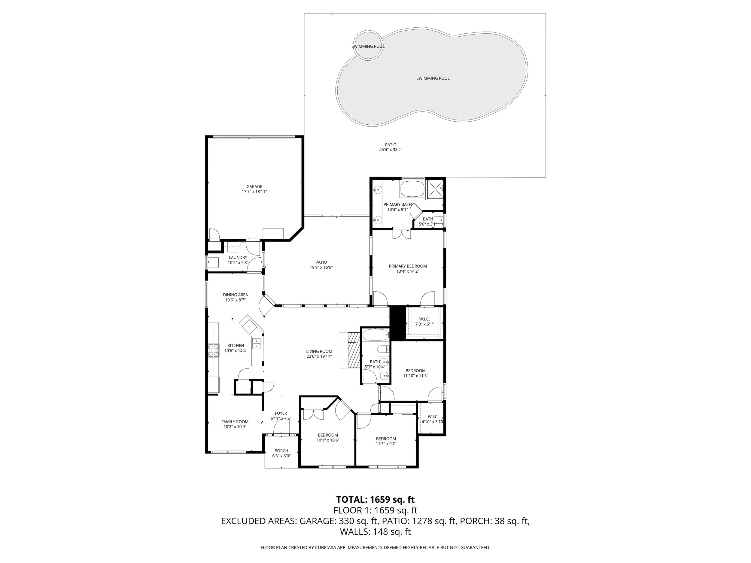 Floor plan of a house with labeled rooms: porch, family room, two bedrooms, foyer, kitchen, living room, bath, bedrooms, walk-in closets, primary bath, primary bedroom, patio, swimming pool, and garage.