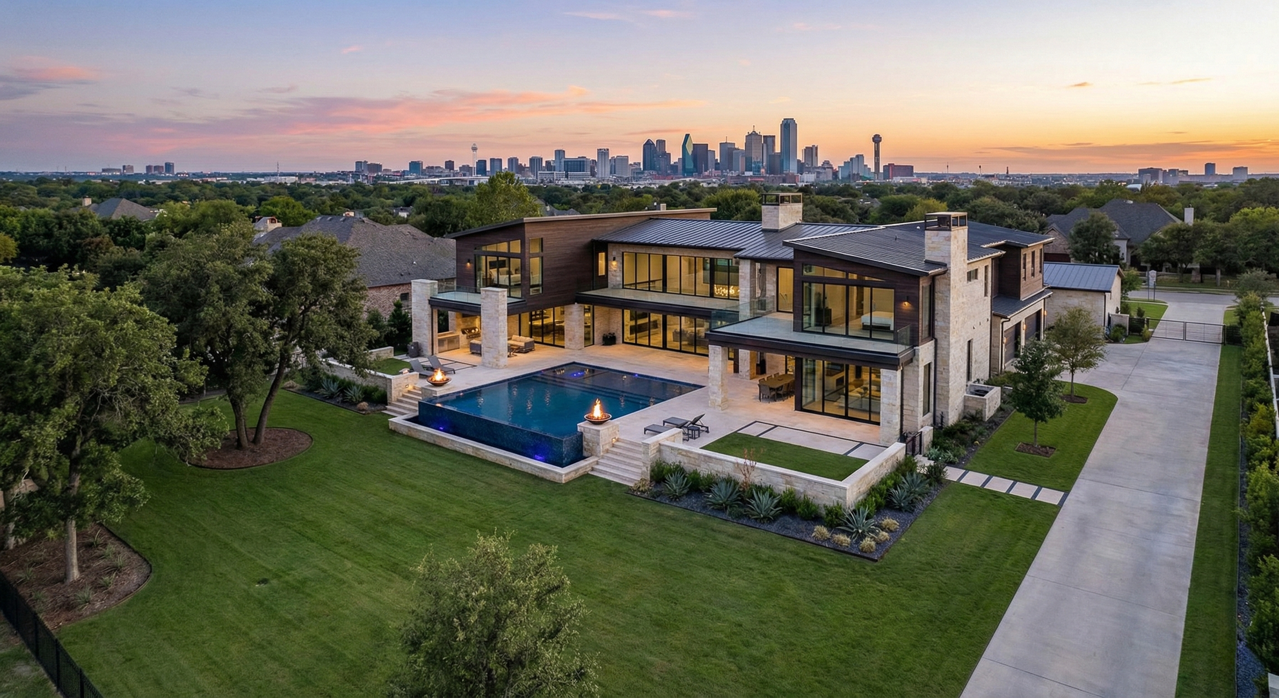 Virtual twilight exterior drone photography of a luxury home in Dallas.