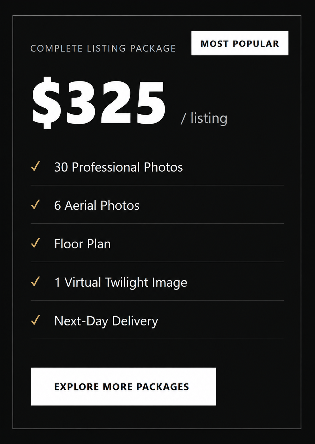 Pricing package details for a real estate service, priced at $325 per listing, including professional and aerial photos, floor plan, virtual twilight image, and next-day delivery, with an option to explore more packages.