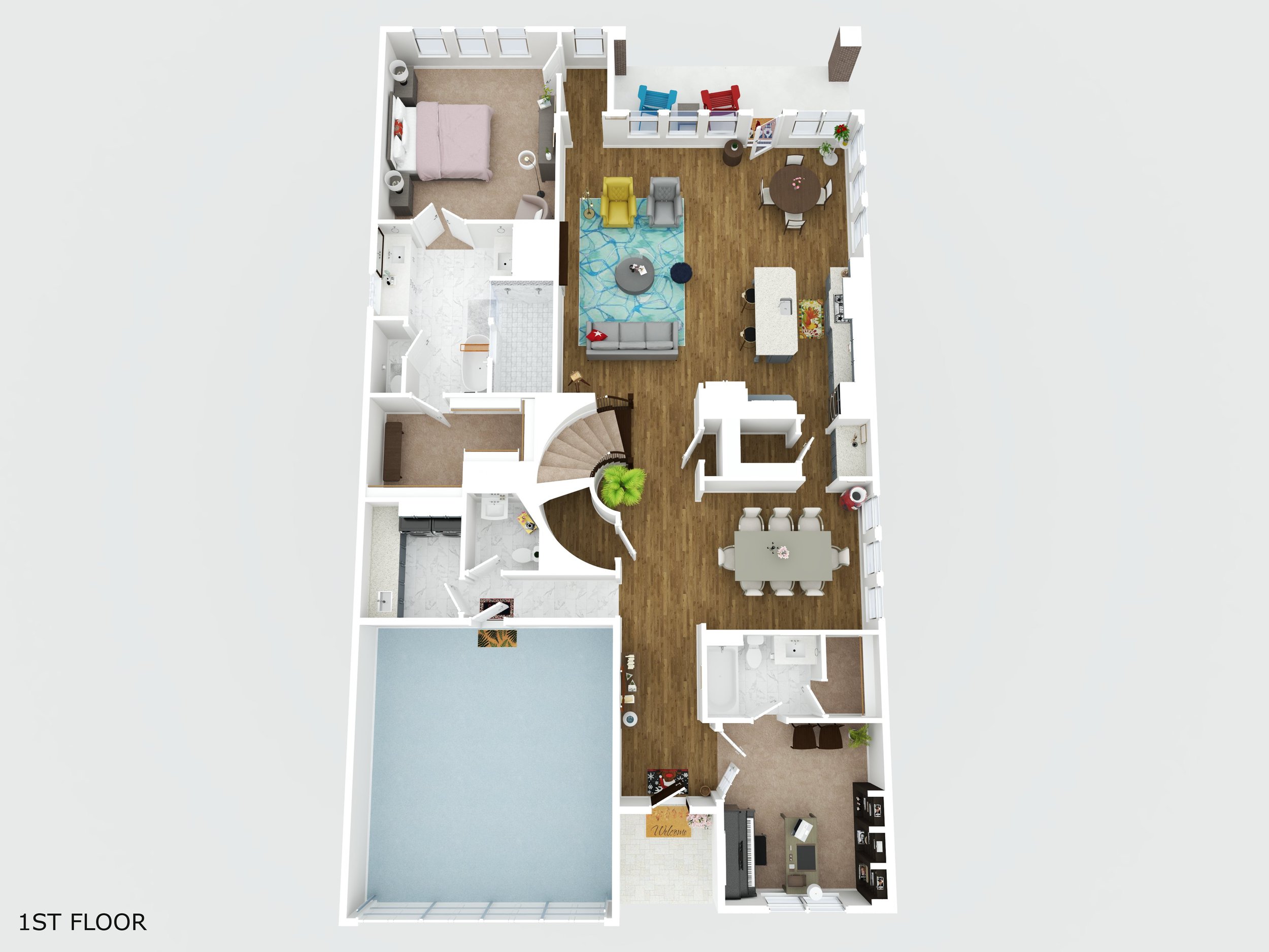 Floor plan of a house's first floor showing a bedroom, bathroom, kitchen, living room, dining area, and a backyard with a pool.