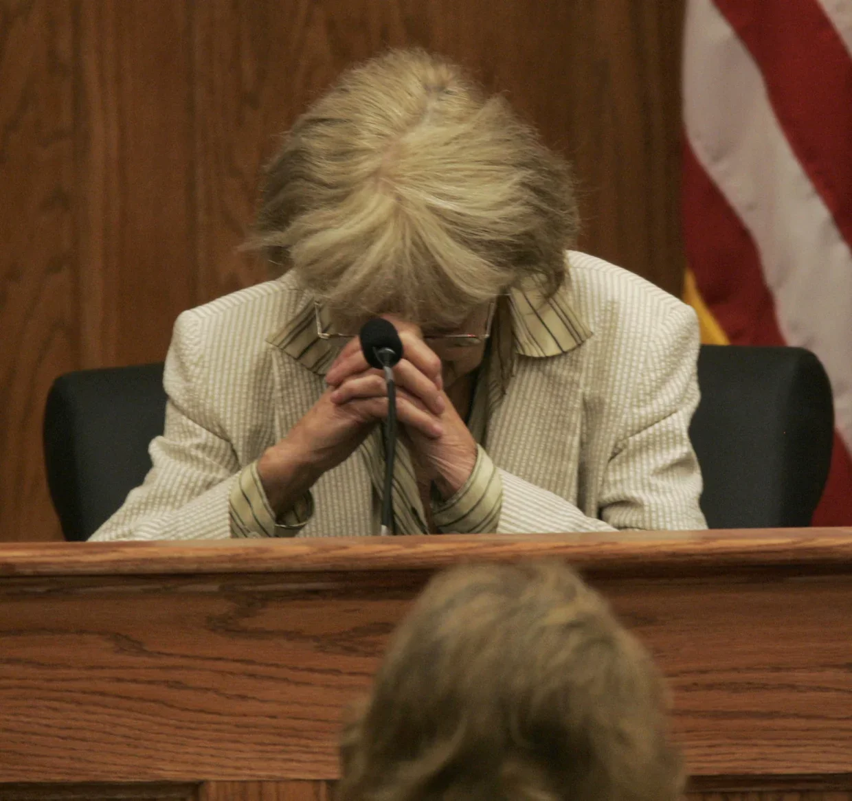 Dr. Carolyn Goodman, mother of murdered Civil Rights worker Andrew Goodman, gathers herself while testifying in the Edgar Ray Killen Civil Rights Murder Trial on in Philadelphia, Mississippi on Friday June 17, 2005. Getty Images
