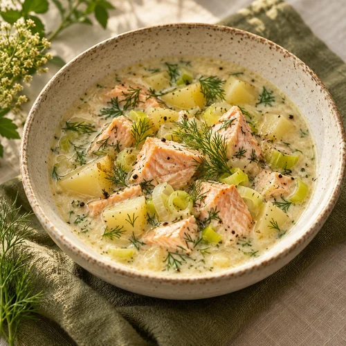 Placeholder photograph of salmon chowder for the monthly dinner guide
