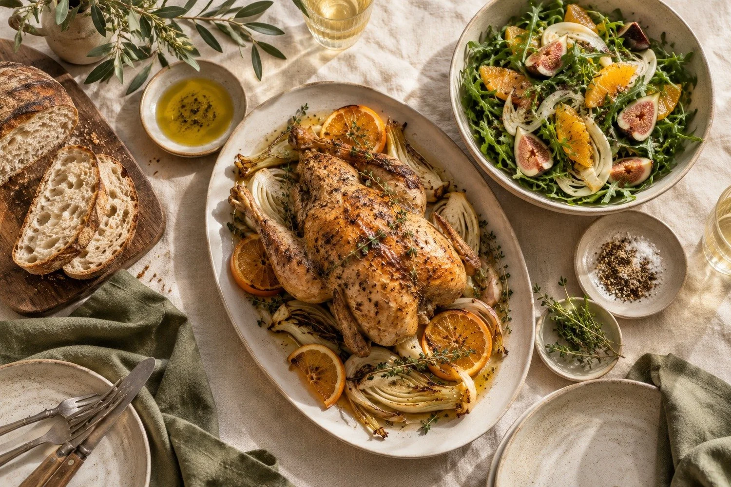Illustrative seasonal dinner with roast chicken, salad and sourdough