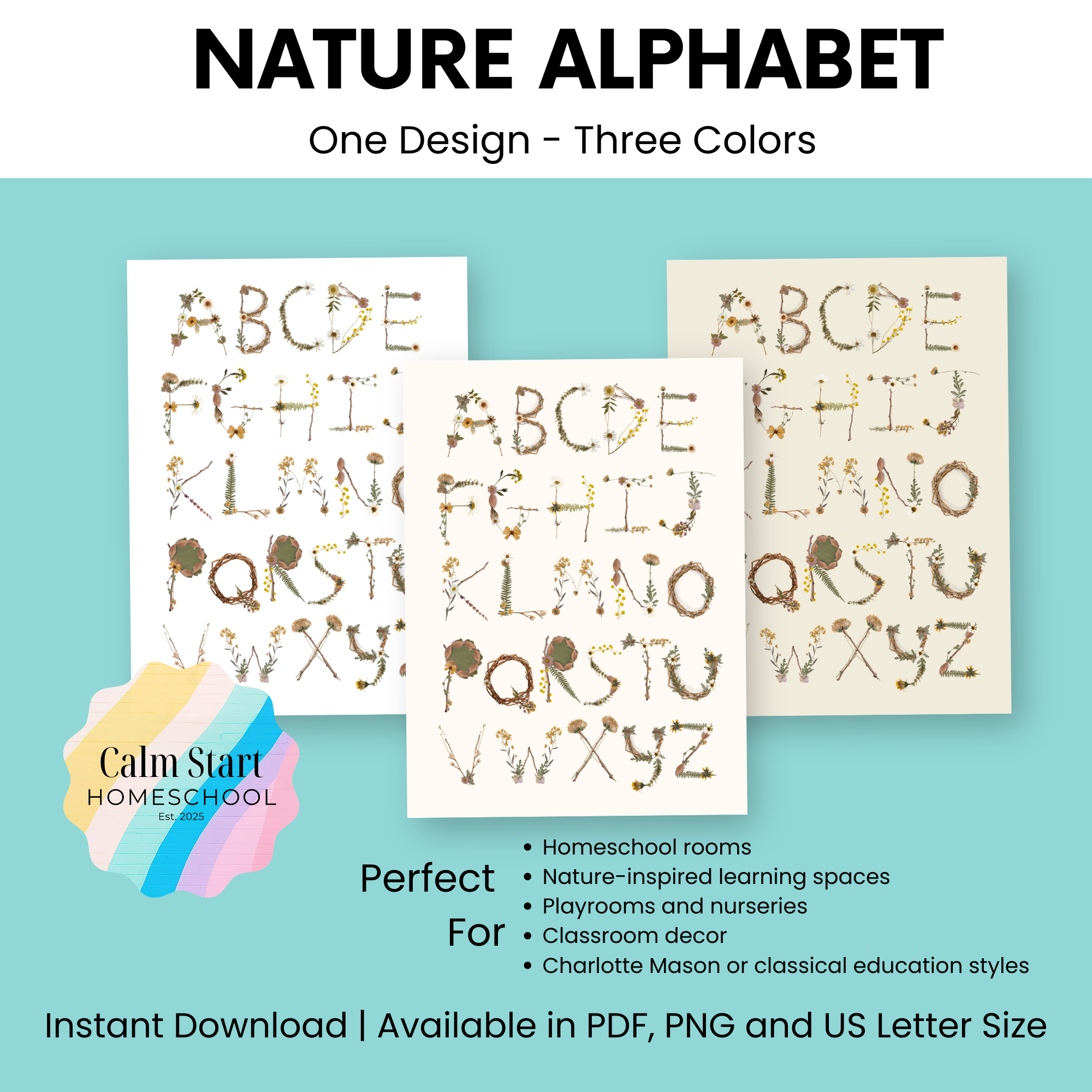 Nature Alphabet Wall Art Printable | Botanical ABC Homeschool Decor