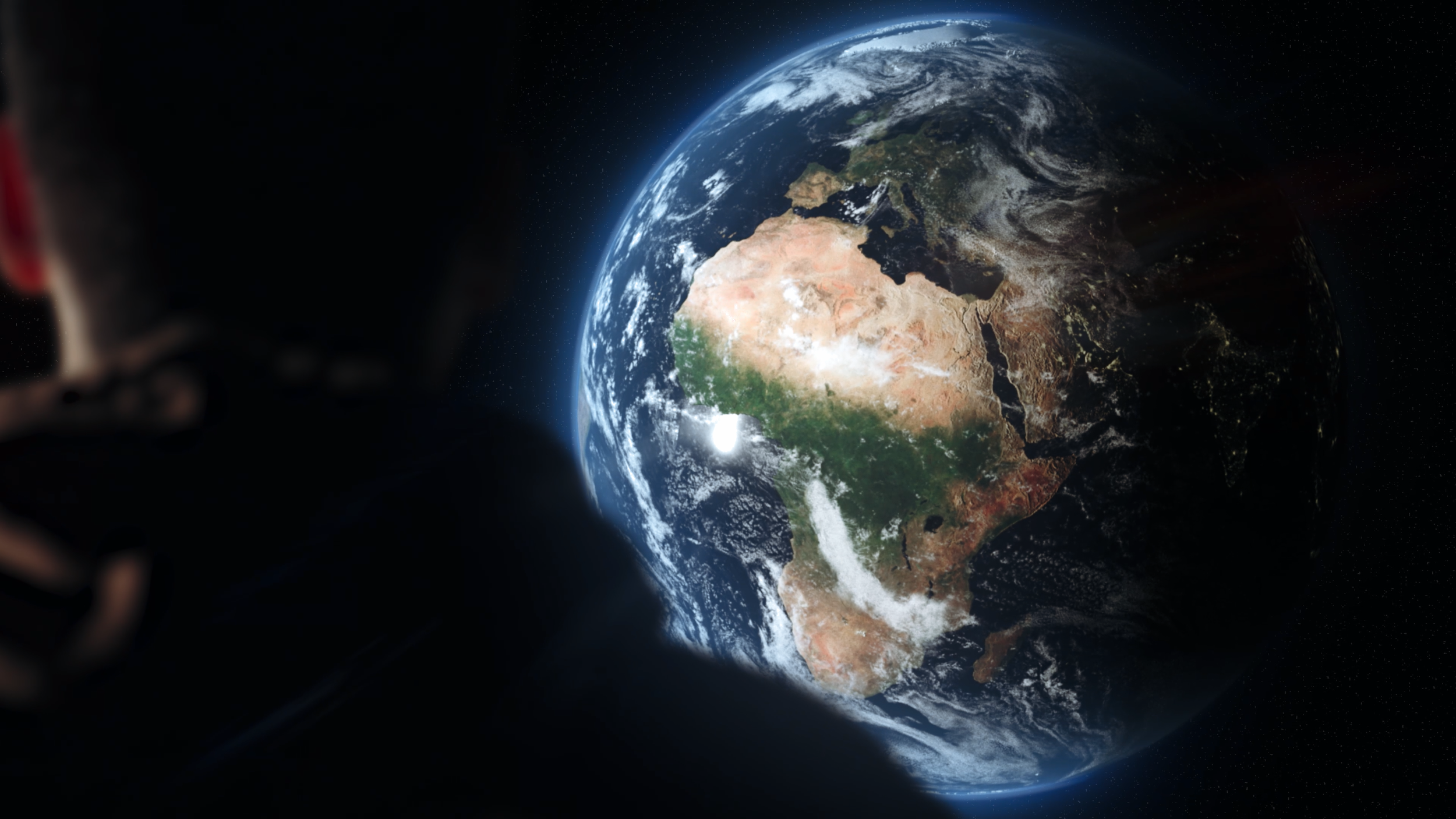 VFX-shot fra kortfilmen "Transcendental (2026)" av en person som oppserverer jorda fra verdensrommet.