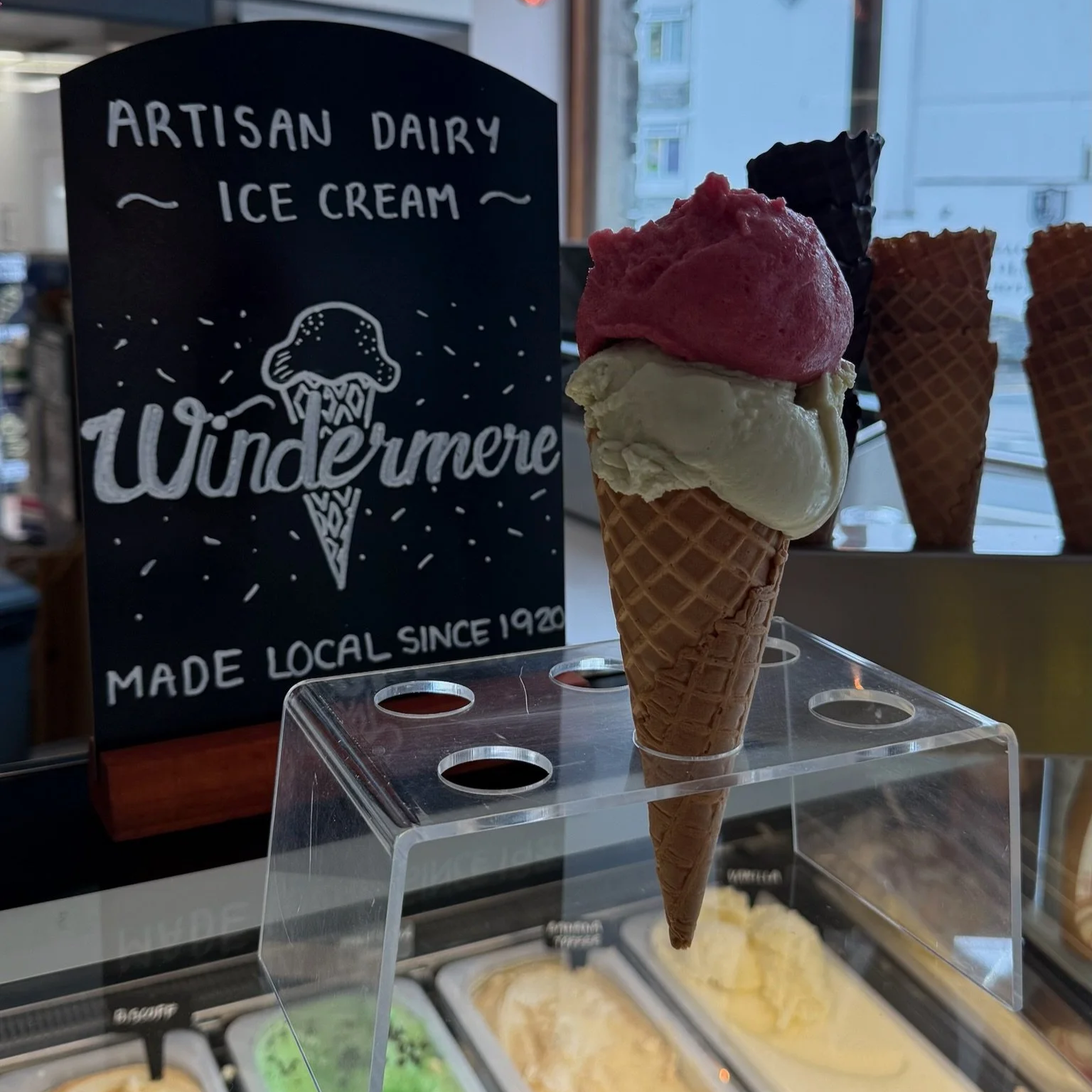 Waffle cone with two scoops of WIndermere Ice Cream