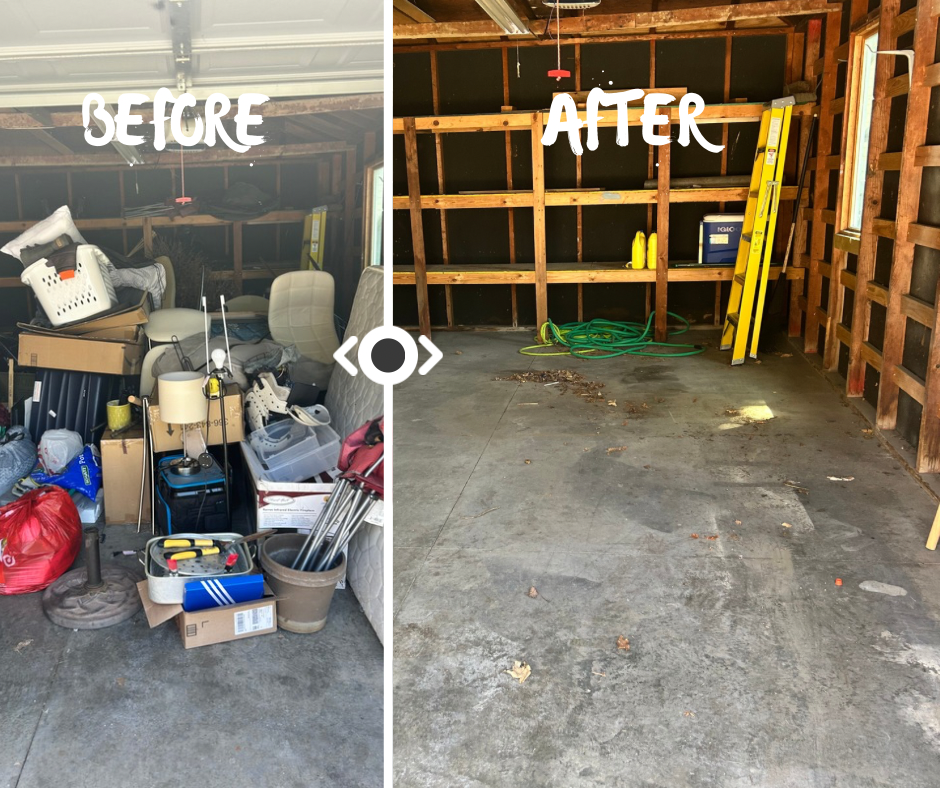 Comparison of a cluttered garage before cleaning and an empty, organized garage after cleaning.