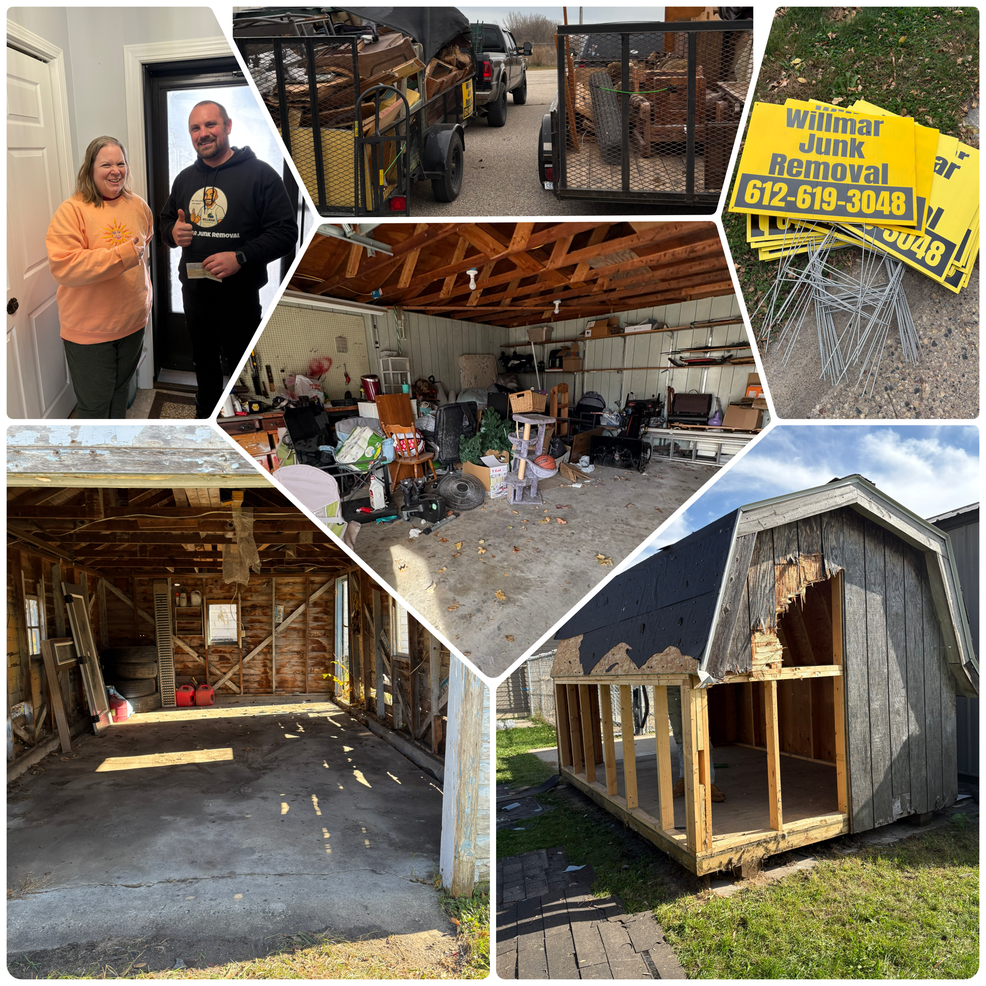 A collage showing a junk removal process. It includes two people smiling and holding a small item indoors, two trailers filled with debris and old furniture, a pile of yard signs for a junk removal service, an organized garage with various household items, an empty garage with open doors, and a small wooden shed under renovation with part of its siding removed.