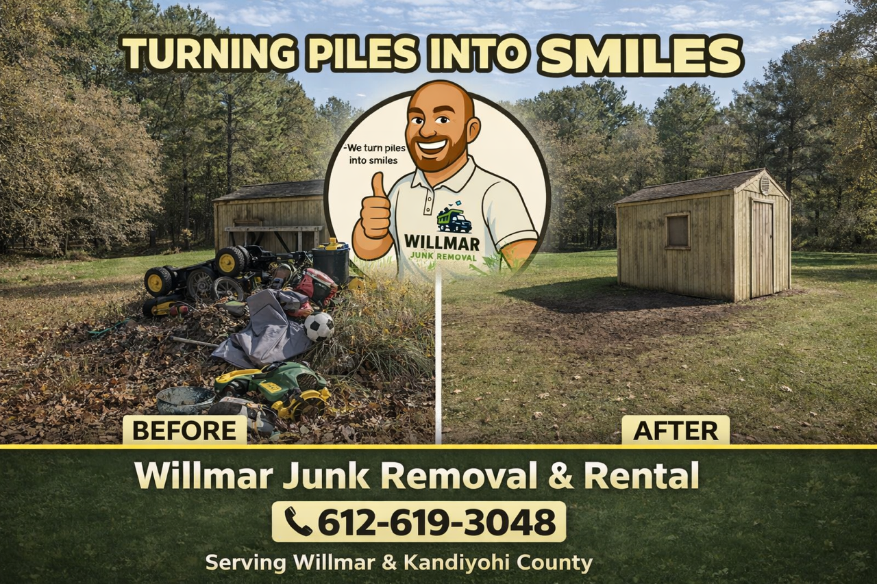 Before and after photo showing a junk pile of yard waste, yard tools, and children's toys on the left, and a clean yard with a storage shed on the right. Text overlay reads 'Turning Piles Into Smiles,' with a cartoon man giving a thumbs-up and slogan 'We turn piles into smiles.' Contact information for Willmar Junk Removal & Rental and phone number, serving Willmar and Kandiyohi County.