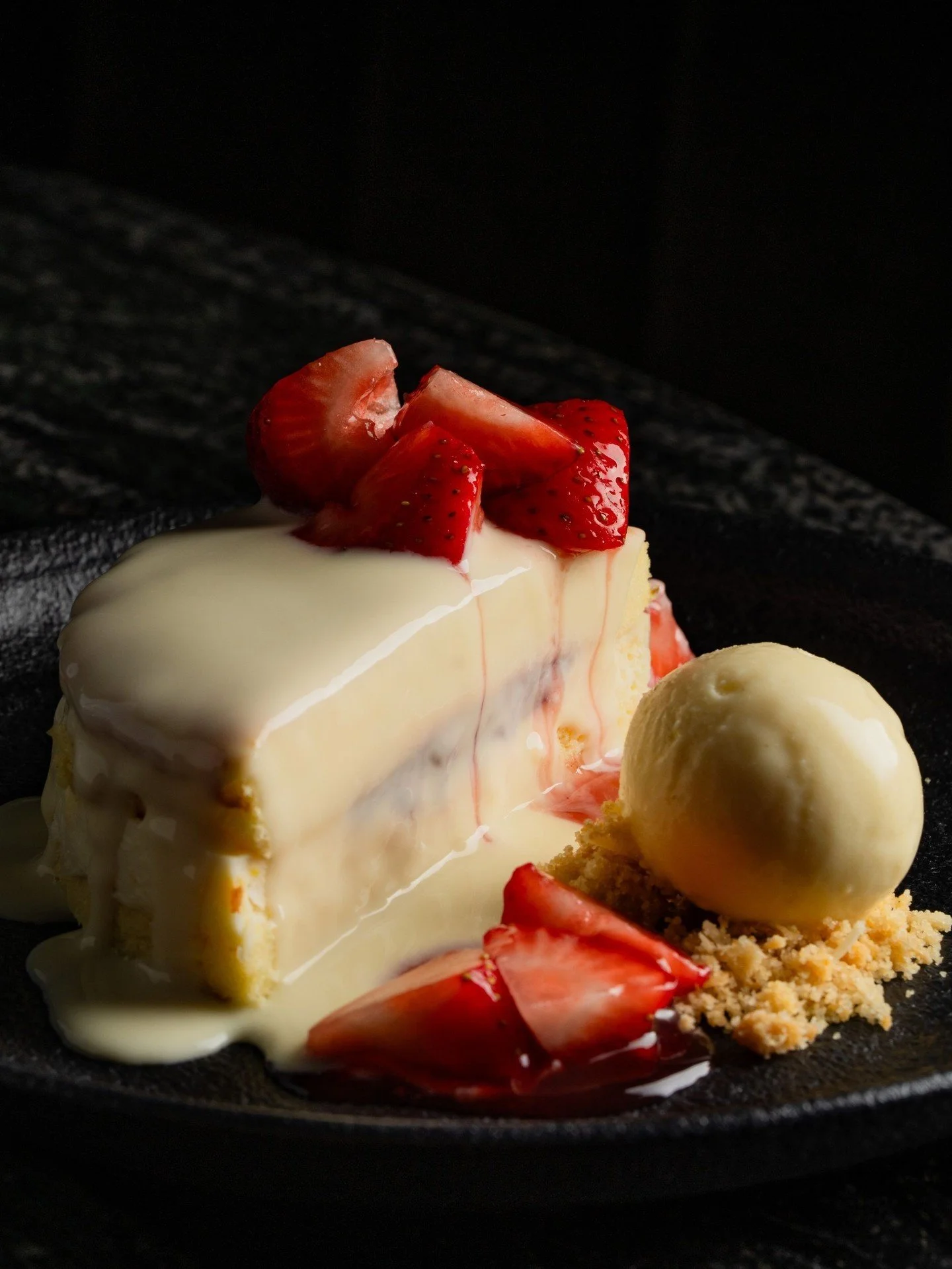 Our Corn Mamon is a light chiffon cake filled with sweet corn custard and strawberry jam, finished with kaya anglaise and crispy corn. Served with roasted corn ice cream.