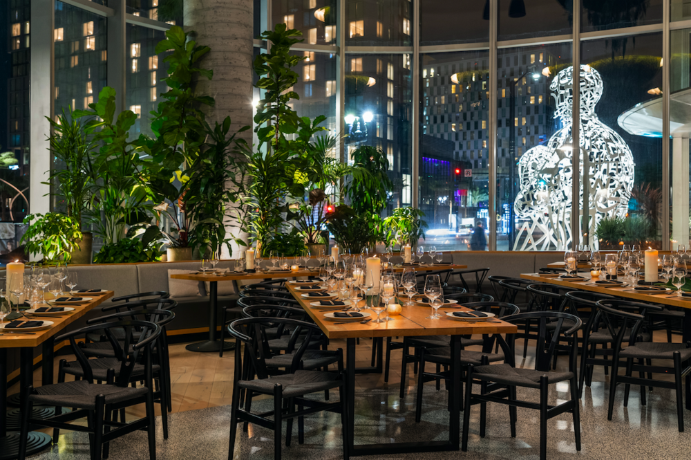 Panoramic view of the Nima private dining room at Animae San Diego, with candlelit tables, tall greenery, and floor-to-ceiling windows overlooking the city at night