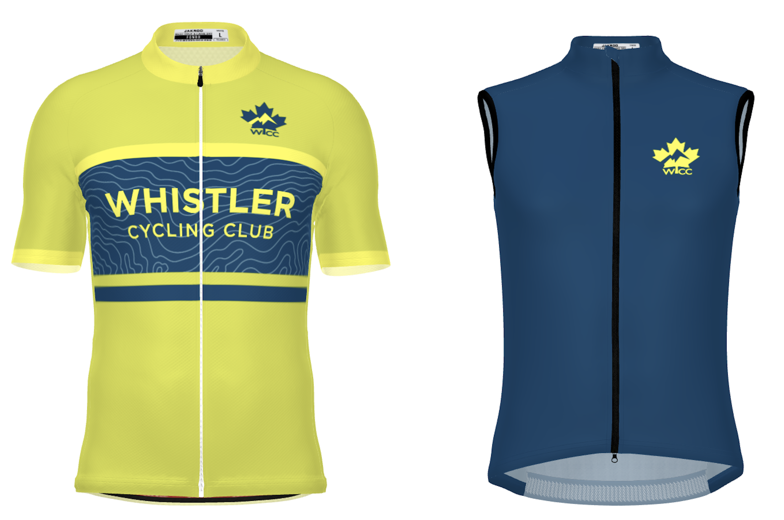 WCC yellow cycling jersey with blue text and logos, front and back views. The front displays 'WHISTLER CYCLING CLUB' with a maple leaf and mountain logo. The back has the same text and pattern, with a large maple leaf logo at the bottom.