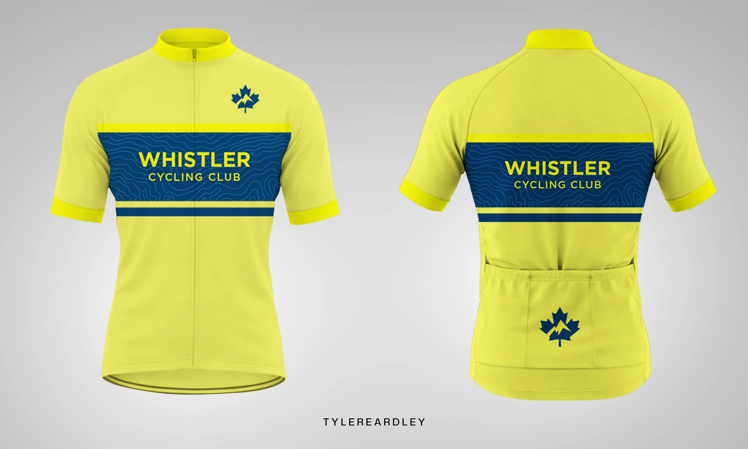 WCC yellow cycling jersey with blue text and logos, front and back views. The front displays 'WHISTLER CYCLING CLUB' with a maple leaf and mountain logo. The back has the same text and pattern, with a large maple leaf logo at the bottom.
