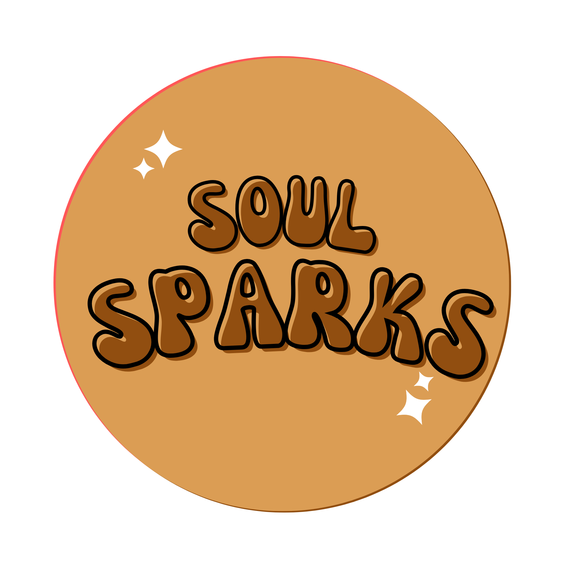 A circular logo with a tan background and the text 'SOUL SPARKS' in stylized dark brown letters, with small white sparkles around the text.
