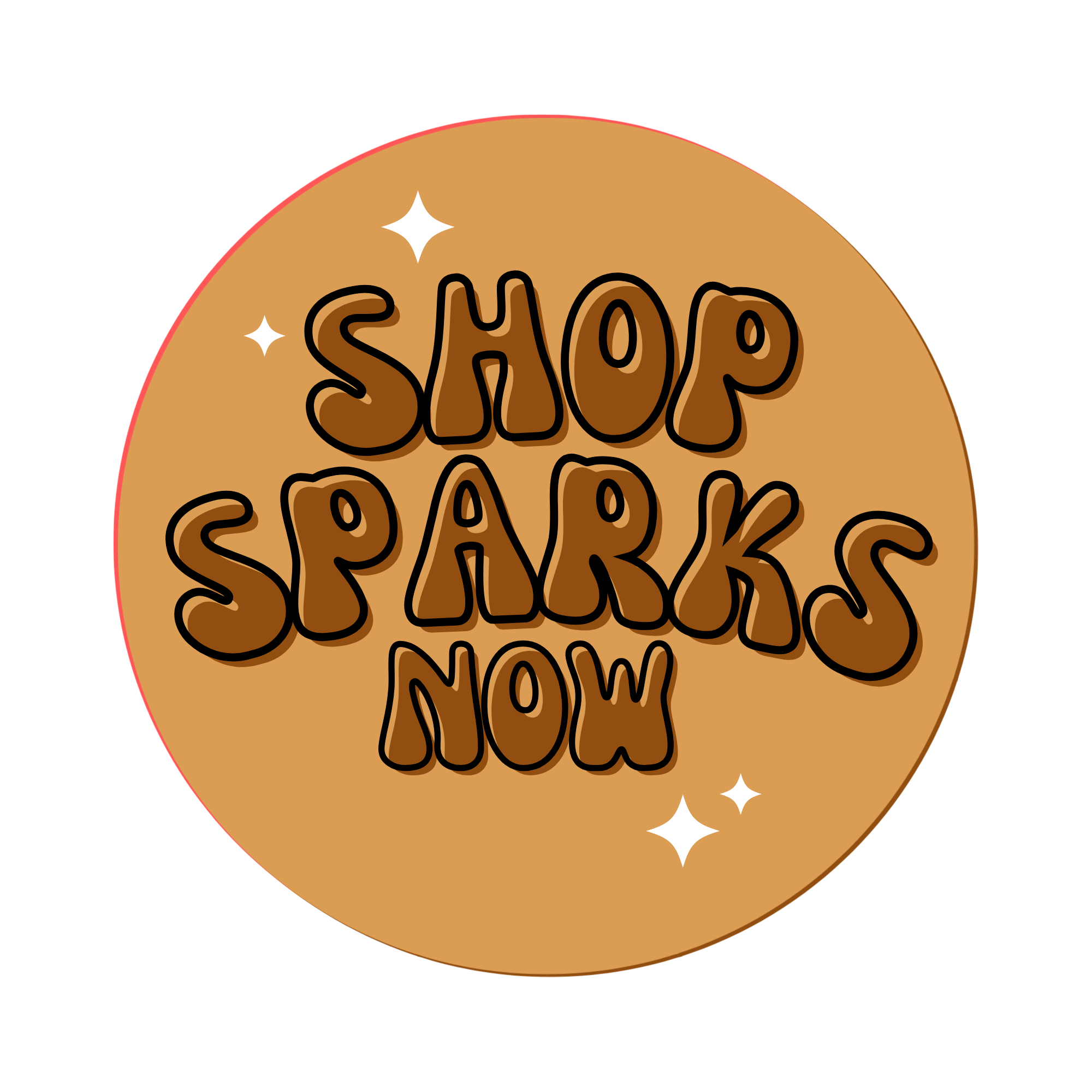 A circular, light brown cookie with the text 'SHOP SPARKS NOW' written on it in bold, stylized, dark brown letters. There are small white star-like sparkles around the text.