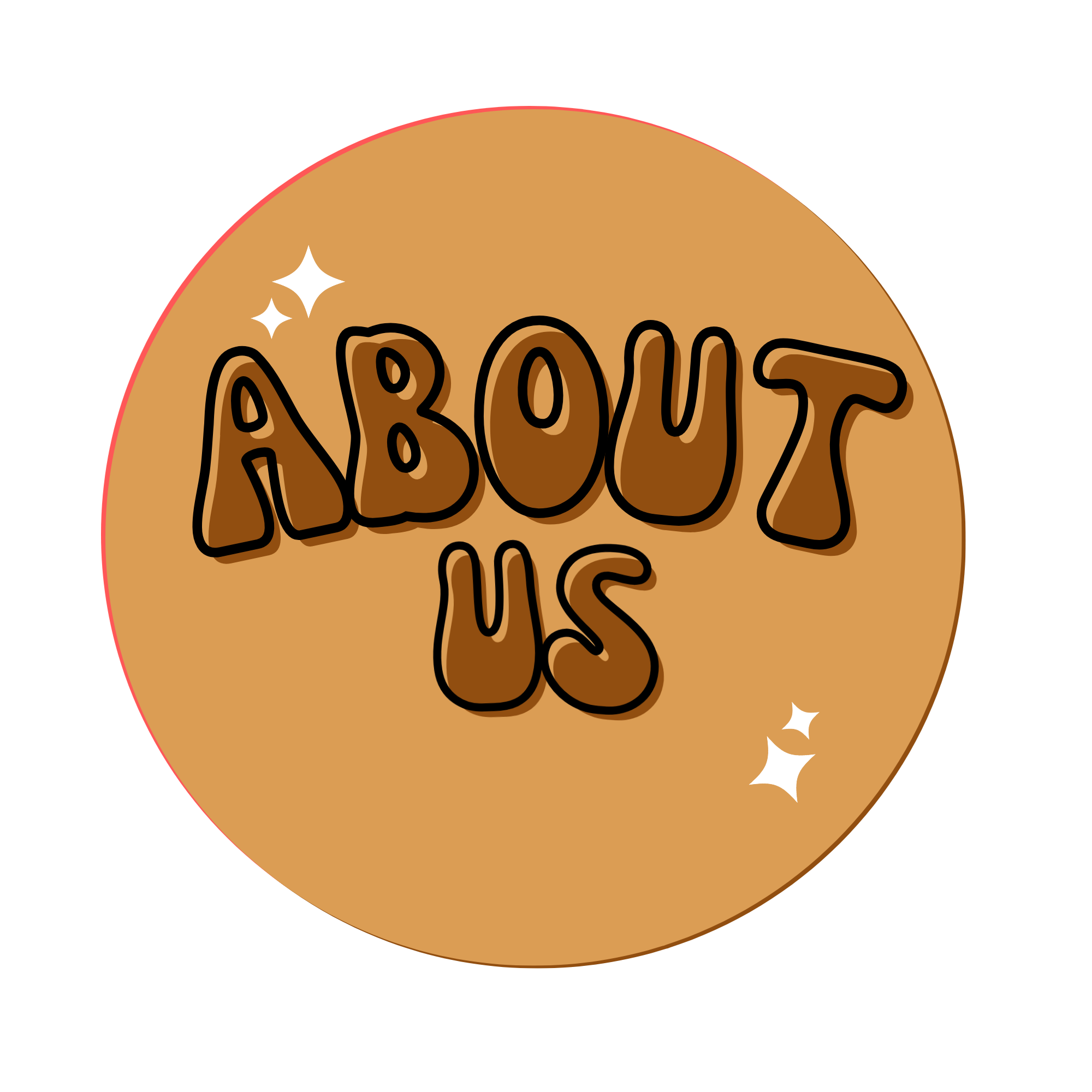A circular graphic with a beige background and black outline text that reads 'ABOUT US' in a playful, informal font. There are small sparkling star accents around the text.