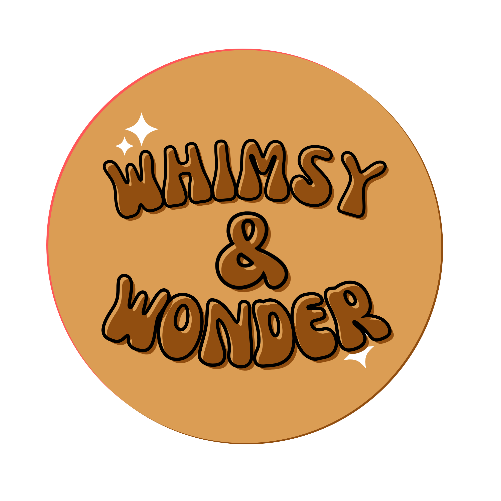 Cookie with the words "Whimsy & Wonder" written on it in bubbly brown letters, decorated with white sparkle accents.