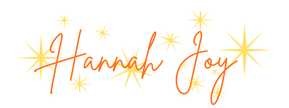 Text saying "Hannah Joy" in orange cursive font, surrounded by yellow starburst shapes on a black background.