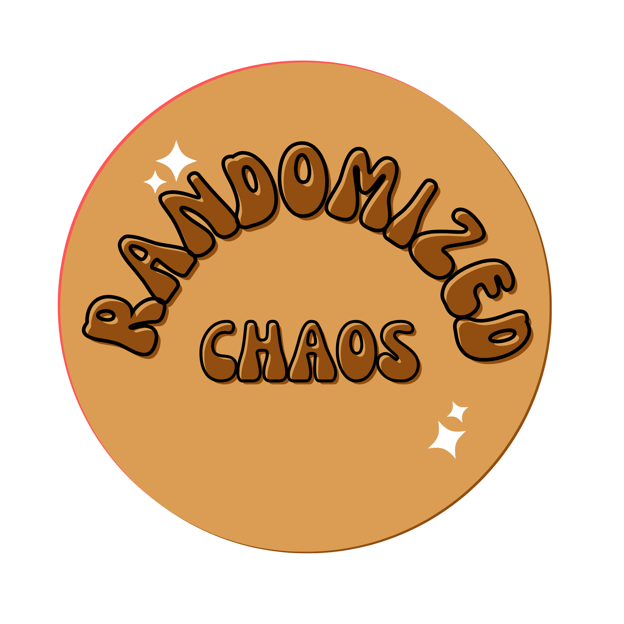 A circular logo with a tan background featuring the phrases 'Badamize Chaos' in dark brown, playful, bubbly letters, accented with small white stars.