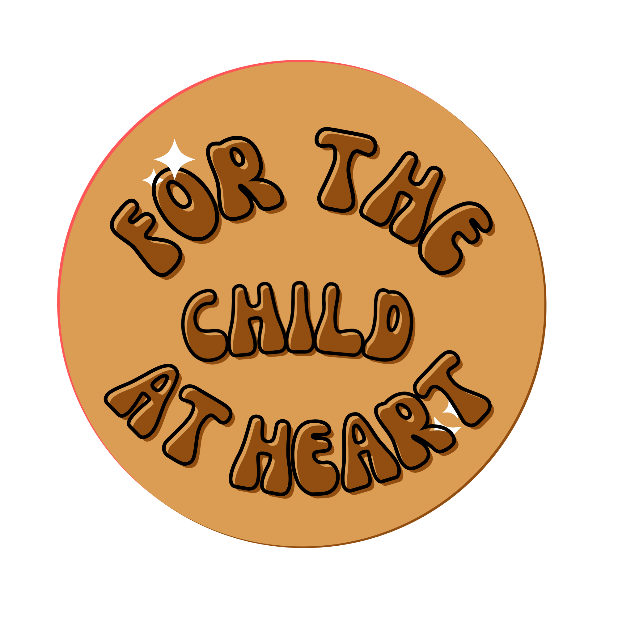 A cartoon-style chocolate chip cookie with the phrase "For the child at heart" written in a playful font on the surface of the cookie.