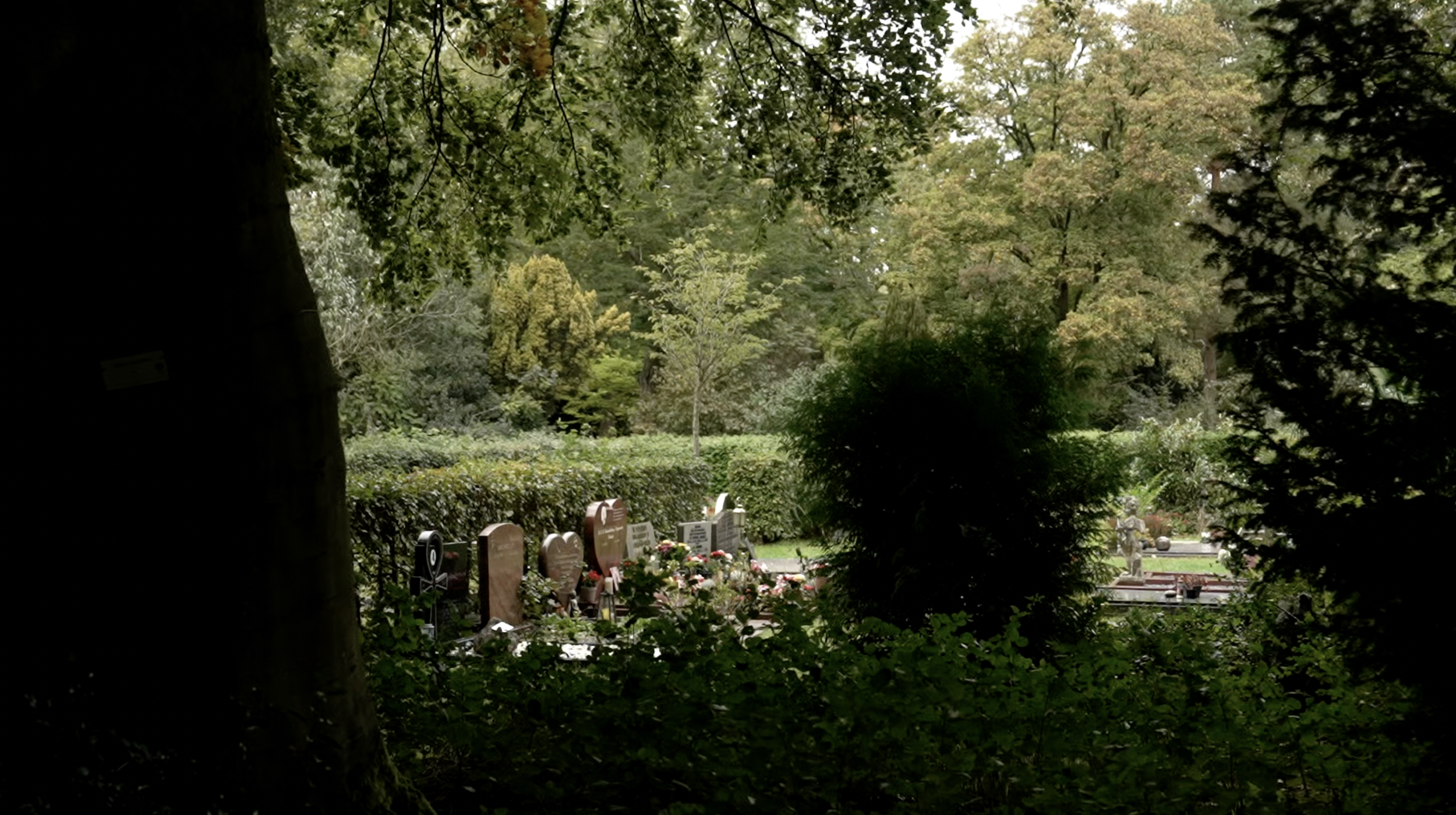 Gezicht op een begraafplaats in een bosrijke omgeving, met grafstenen en bloemen, omgeven door groene bomen en struiken.