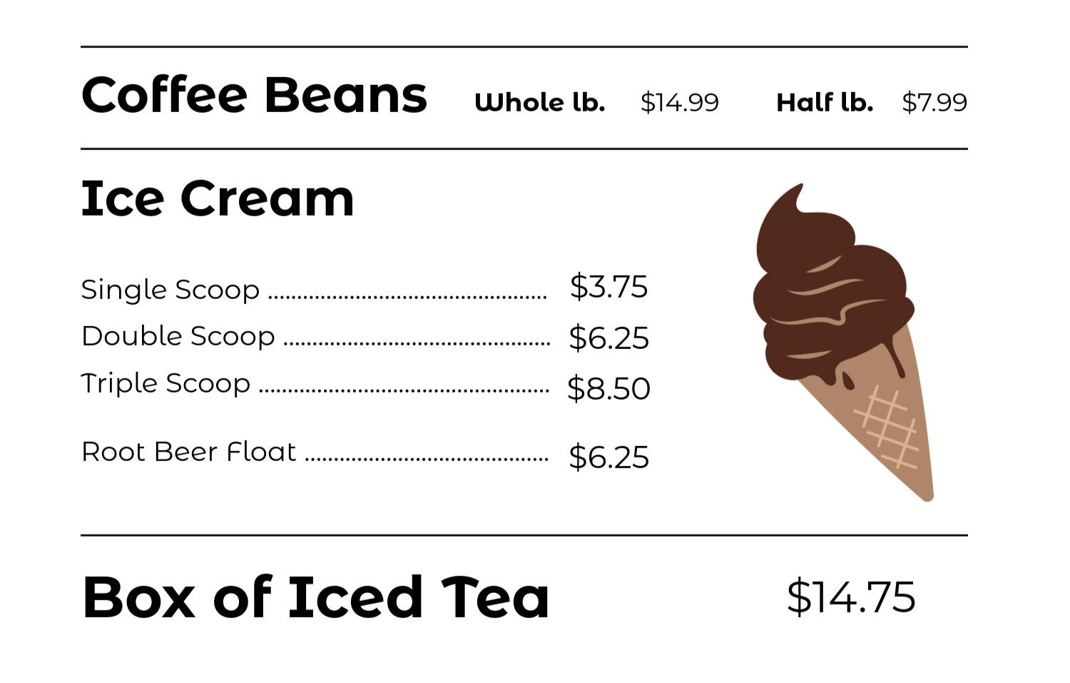 Text reading 'I scream for ice cream' with an illustration of a chocolate ice cream cone.