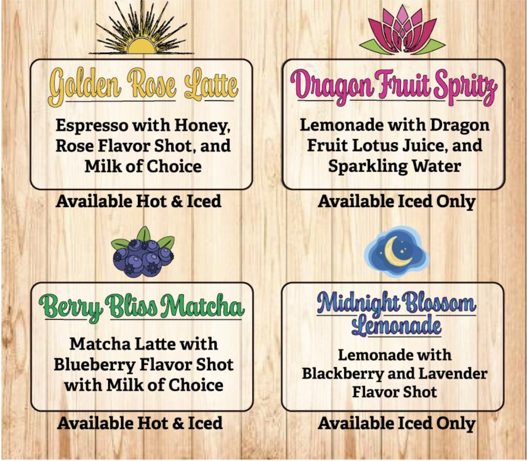 Menu featuring four beverages: Golden Rose Latte, Dragon Fruit Spritz, Berry Bliss Matcha, and Midnight Blossom Lemonade, with descriptions and availability notes.