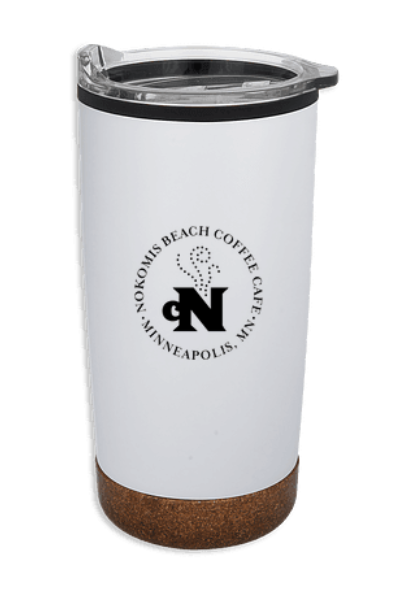 White insulated travel tumbler with a clear lid, featuring the Nokomis Beach Coffee logo and the text 'MINNEAPOLIS, MN'.