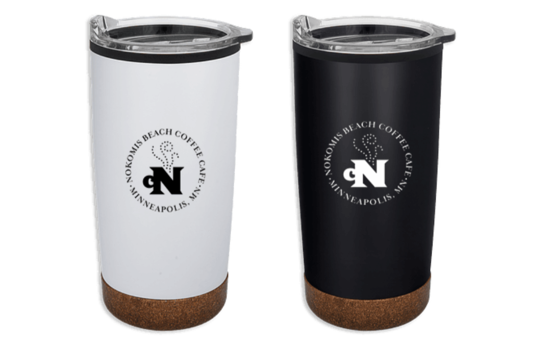Two insulated tumblers, one white and one black, with cork bases and a clear lid, bearing the logo of Nokomis Beach Coffee Café in Minneapolis.