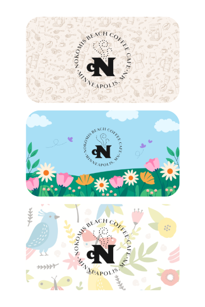 Three coffee cup sleeves with different colorful designs. The top sleeve features a beige background with doodle illustrations and the text "Kokoni's Beach Coffee Café Minn.," along with a black logo. The middle sleeve has a blue sky background with clouds, pink hearts, white daisies, and green foliage surrounding a black logo. The bottom sleeve displays a light background with illustrations of a bird, flowers, and leaves, and a black logo in the center.