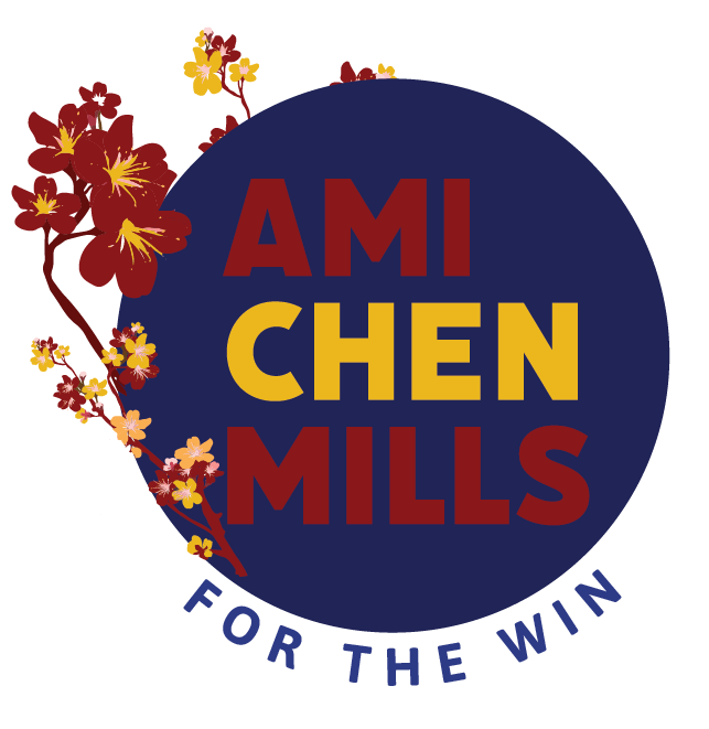 Logo for Amichen Mills with a dark blue circle and the words "Ami Chen Mills" in red and yellow, accompanied by red and yellow floral decorations, and the phrase "For the Win" in blue below.