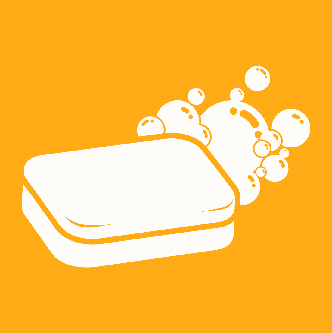 Illustration of a bar of soap with bubbles coming out of it on an orange background.