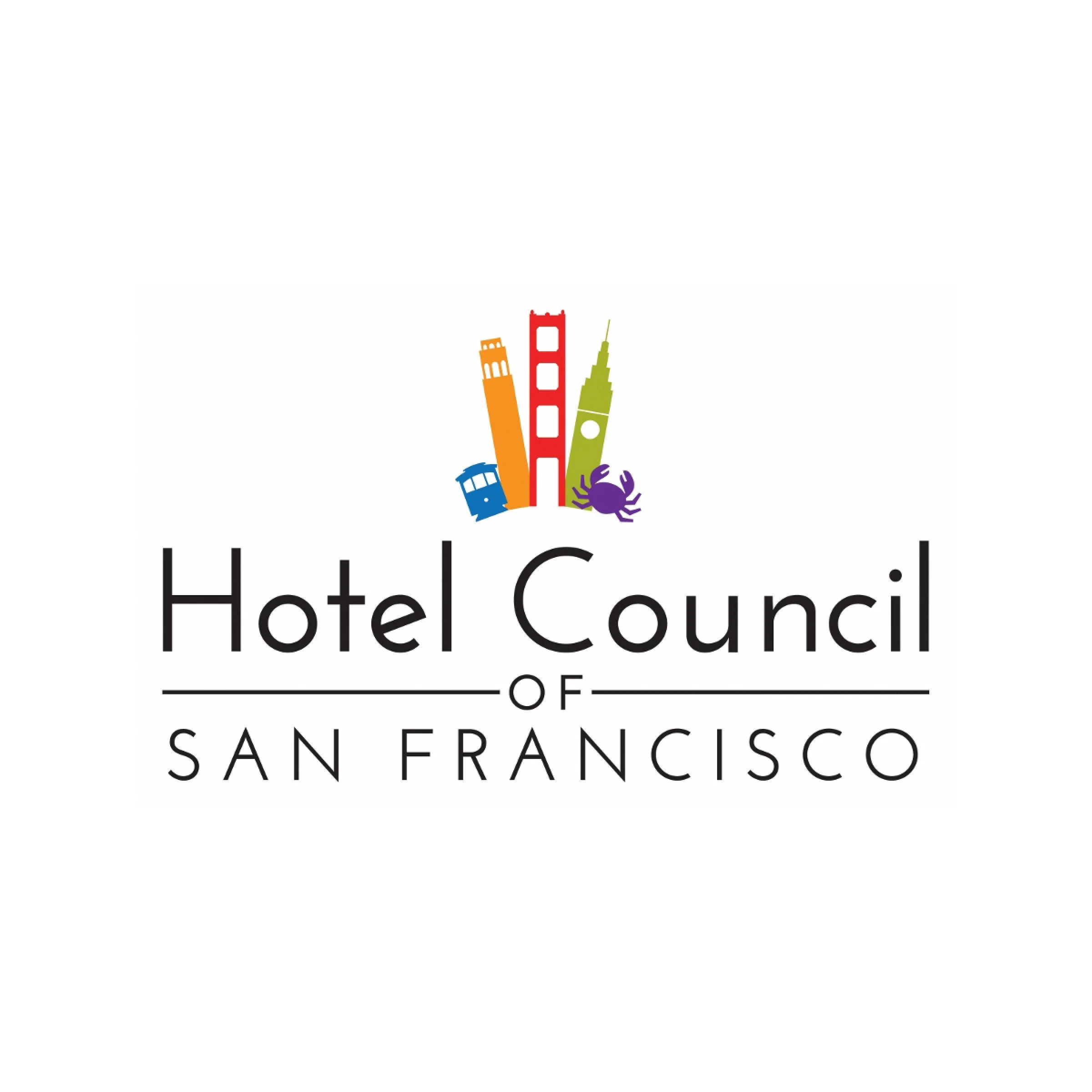 Logo of the Hotel Council of San Francisco featuring colorful representations of buildings, a crab, and a trolley.