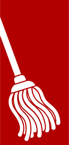 A white mop with curved bristles leaning against a red background.
