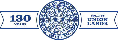 A blue emblem celebrating 130 years of a labor union, featuring a circular seal in the center, flanked by a banner on the left with the text "130 Years" and a banner on the right with "Presented by Union Labor".