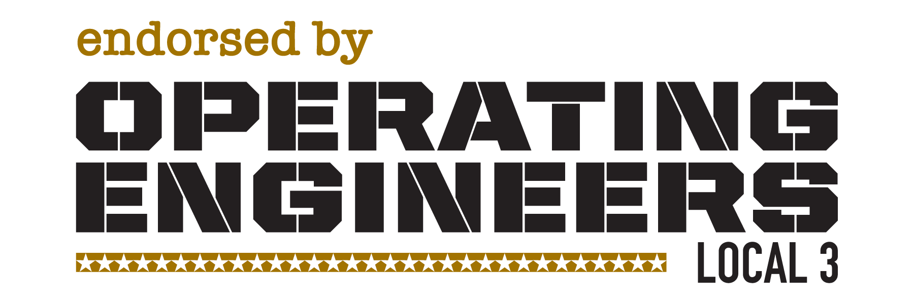 Text graphic reading "endorsed by OPERATING ENGINEERS LOCAL 3" with a row of white stars on a gold background underneath.