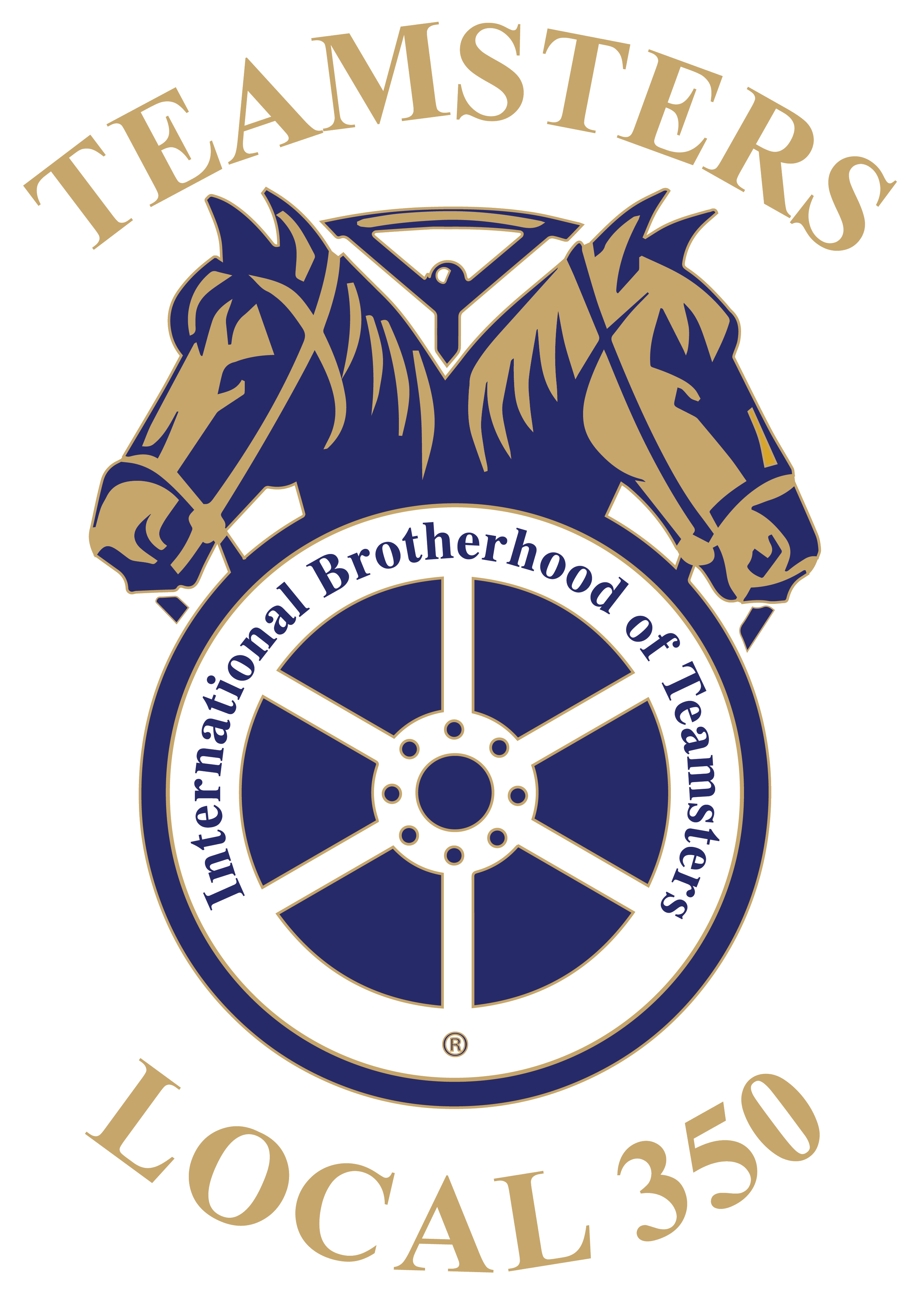 The logo of Teamsters Local 350 featuring two horses' heads above a wheel with the text 'International Brotherhood of Teamsters' encircling the wheel and the words 'TEAMSTERS' and 'LOCAL 350' above and below.