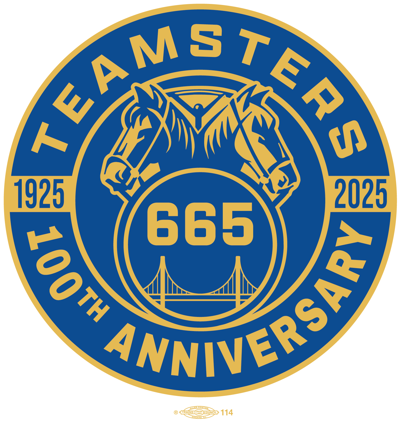 A circular emblem celebrating the 100th anniversary of the team. It features two horses' heads at the top, the team number "665" in the center, a bridge illustration, and the years 1925 and 2025 on either side, with the text "T.E.A.M.S T.E.R.S" and "100th Anniversary" surrounding the design.