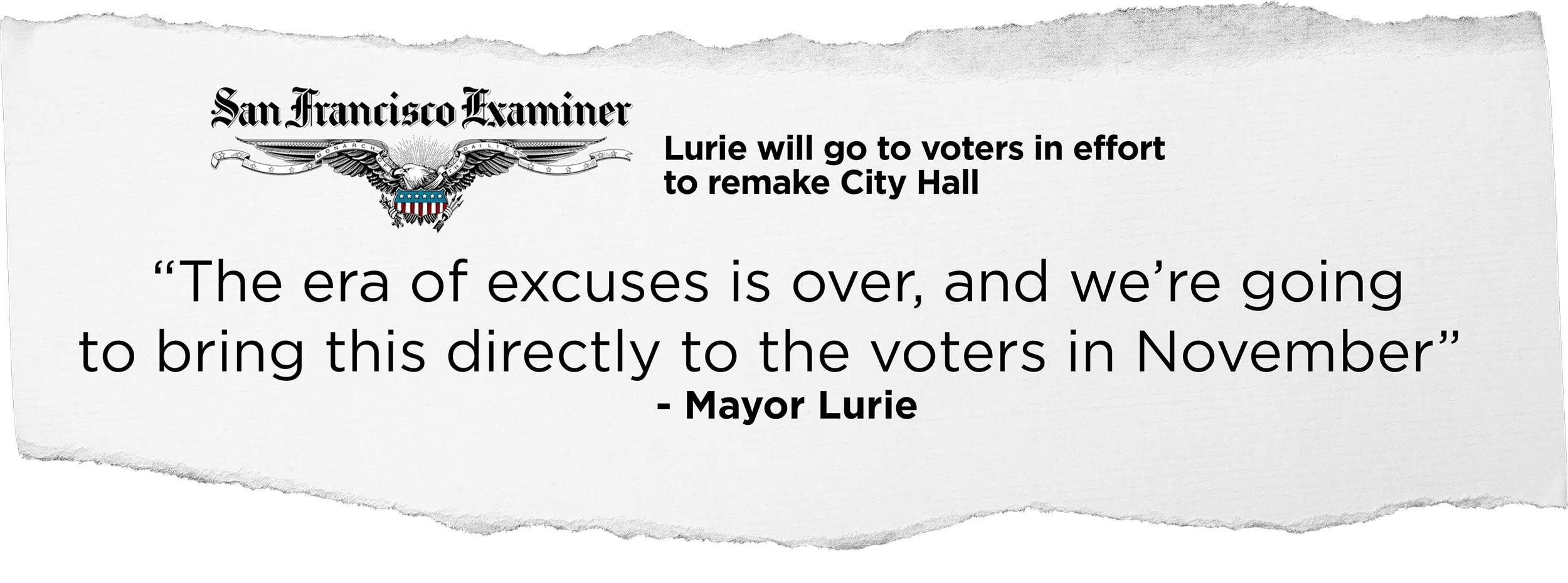 A newspaper headline from the San Francisco Examiner with a quote from Mayor Lurie about a city hall remake campaign,