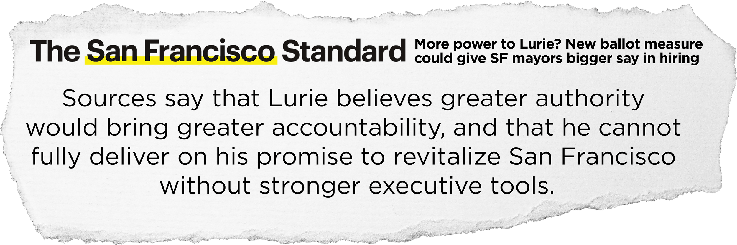 Newspaper headline about San Francisco mayoral politics, highlighting Lurie's influence and authority concerns.