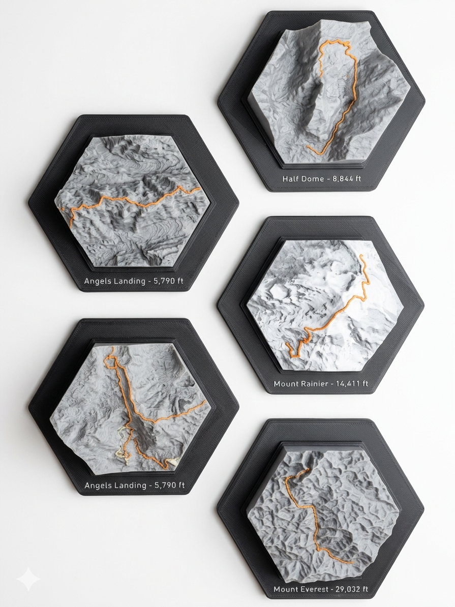 Six 3D printed topographic mountain models on hexagonal black display bases, with orange trail routes marking Mount Everest, Mount Rainier, Angels Landing and Half Dome, each engraved with its peak name and elevation.
