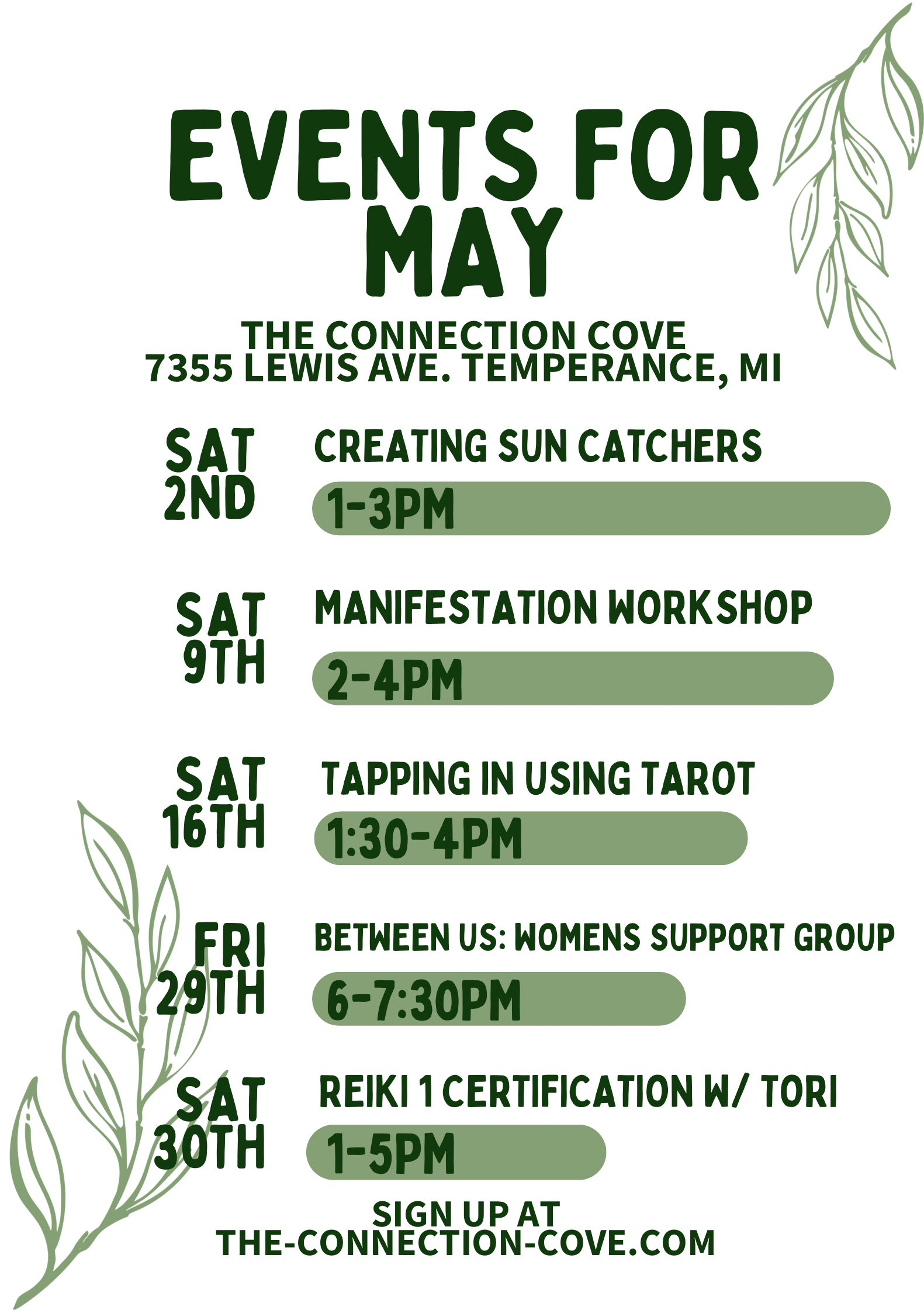 A poster listing events for May at The Connection Cove in Temperance, MI, with dates, titles, and times, decorated with green leaf illustrations.