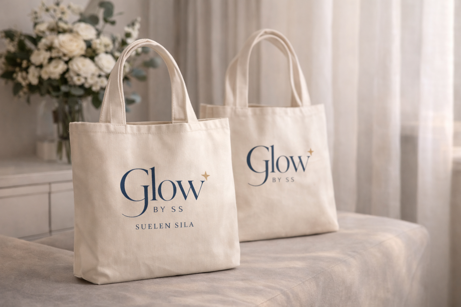 duas bolsas de pano brancas com o logo "Glow by SSS" em letras azuis e uma frase"Suelen Sila" na frente; atrás há uma mesa com um arranjo de flores brancas e uma cortina branca ao fundo.