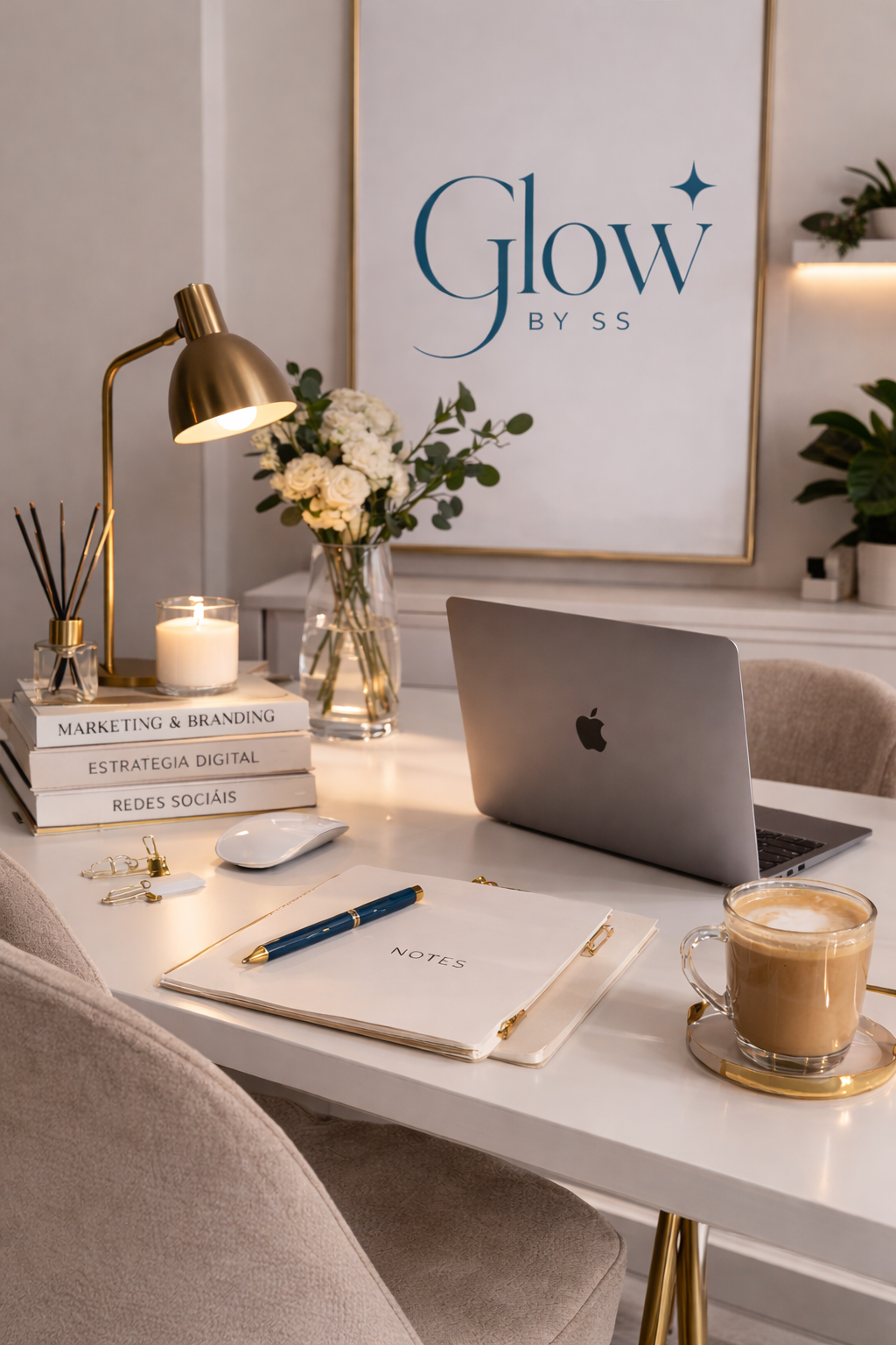 Sala de escritório moderna com mesa branca, laptop Apple, caderno de anotações, caneta, xícara de café, velas, livros sobre marketing, estratégia digital e redes sociais, flores brancas em vaso de vidro, luminária de mesa dourada, decorada com plantas verdes e quadro na parede com a frase 'Glow by SS'.