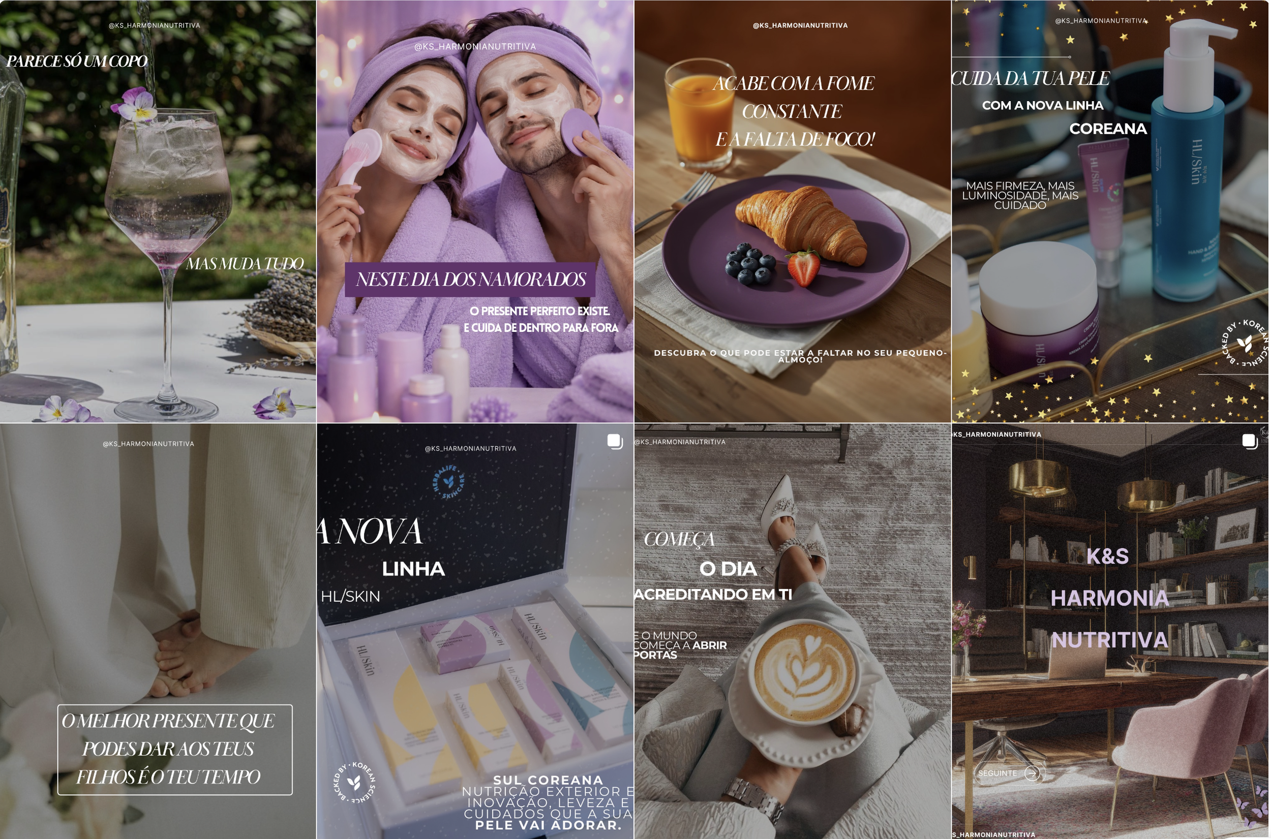 Coleção de oito imagens relacionadas ao cuidado pessoal, alimentação e bem-estar. Primeira imagem de um copo de drink com flores ao redor. Segunda mostra um casal com máscaras faciais e produtos de beleza. Terceira imagem de café da manhã com croissa