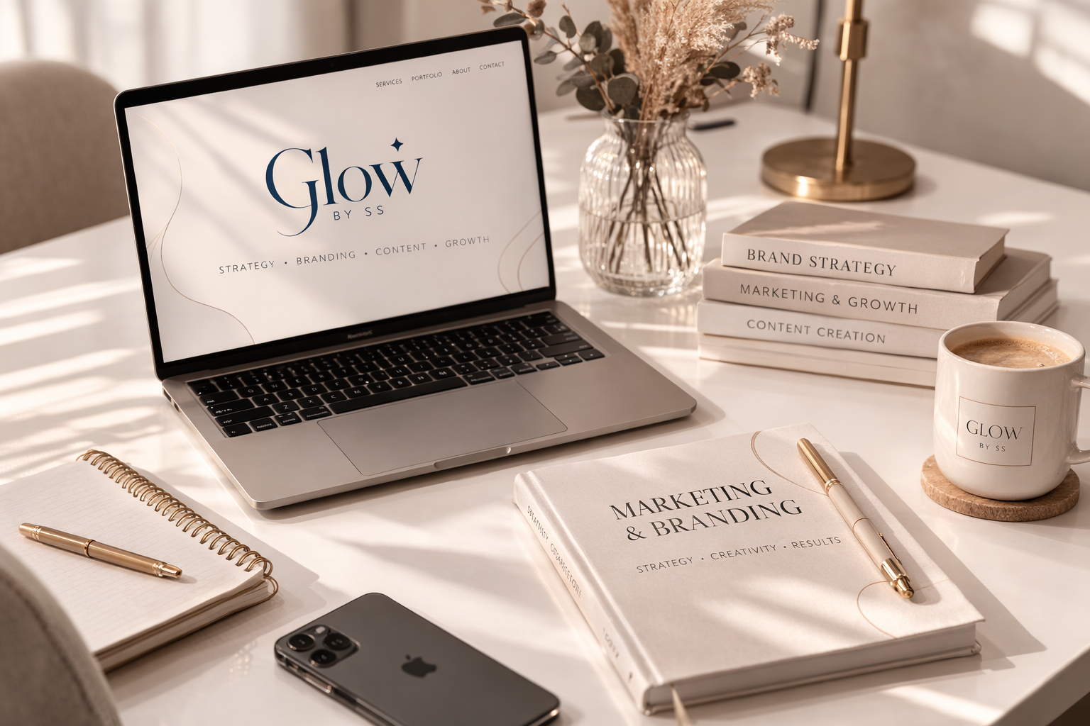Mesa de trabalho com laptop exibindo o logo "Glow by SS", livros sobre estratégia, marketing e branding, uma xícara de café, caderno de anotações, caneta dourada, smartphone e uma jarra com flores secas.