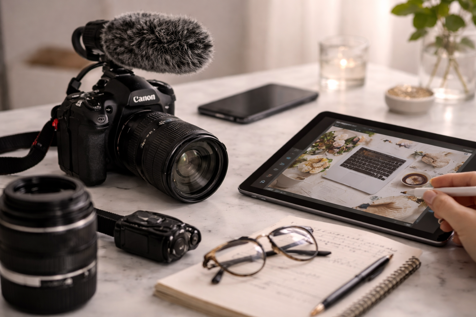 Mesa de trabalho com câmera DSLR, lente, carteira, óculos, caneta, tablet com foto de uma mesa com laptop, comida e flores, e outros objetos